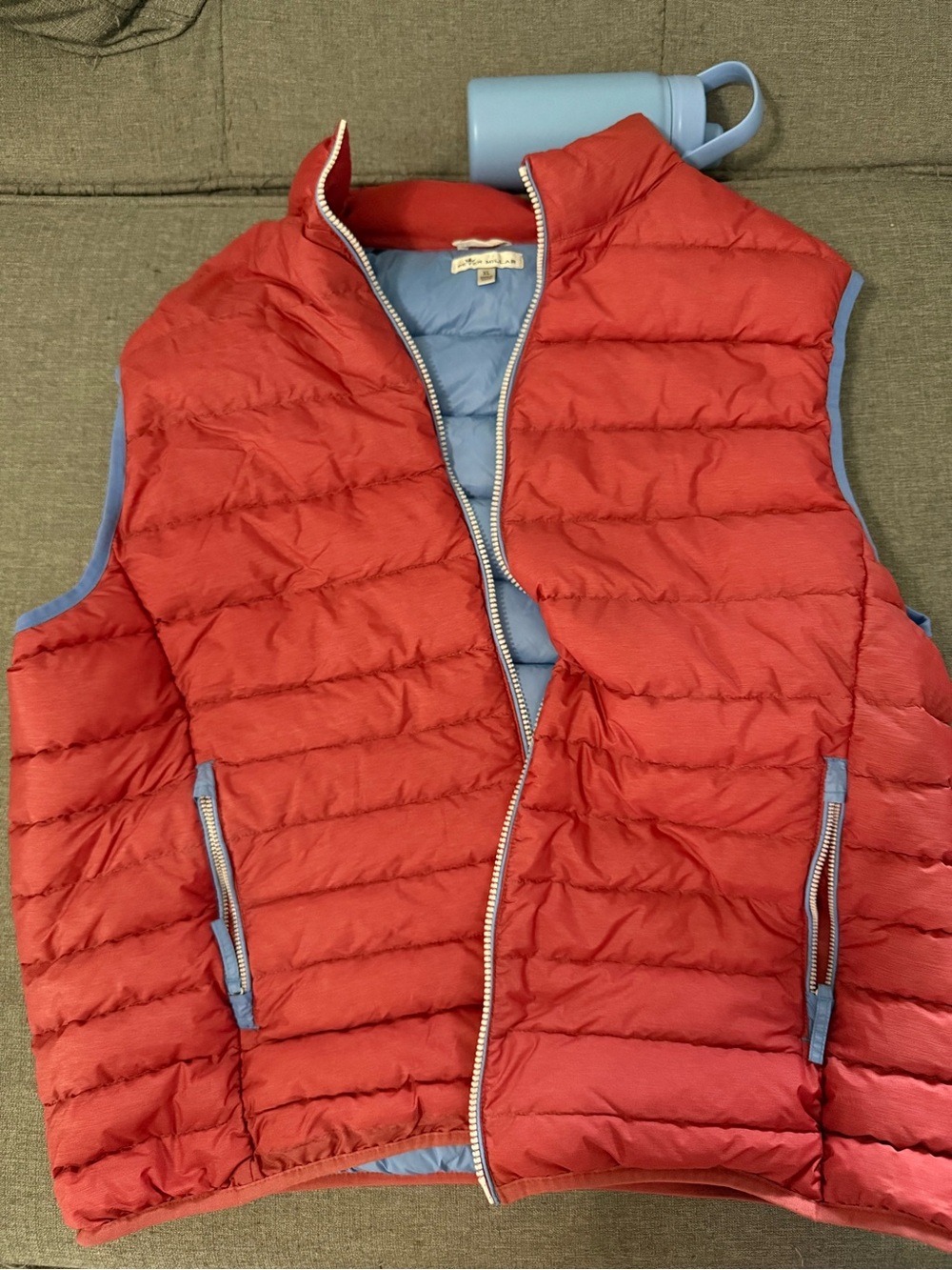 Peter Millar Red Exterior Quilted Vest with Light Blue Interior